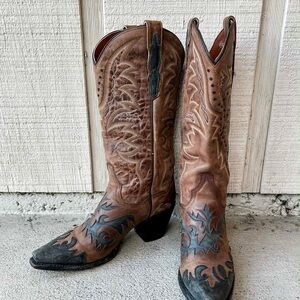 Dan Post Wynona Brown Leather Western Cowboy Boots with Black Inlay